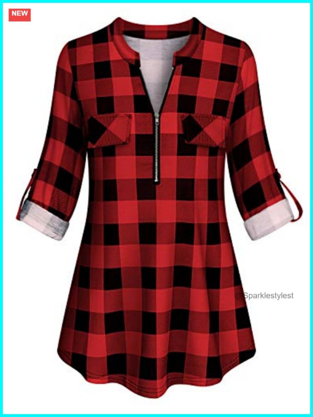 Womens Zip Up V Neck Plaid Tunic Blouse Roll Sleeve Loose Fit Top